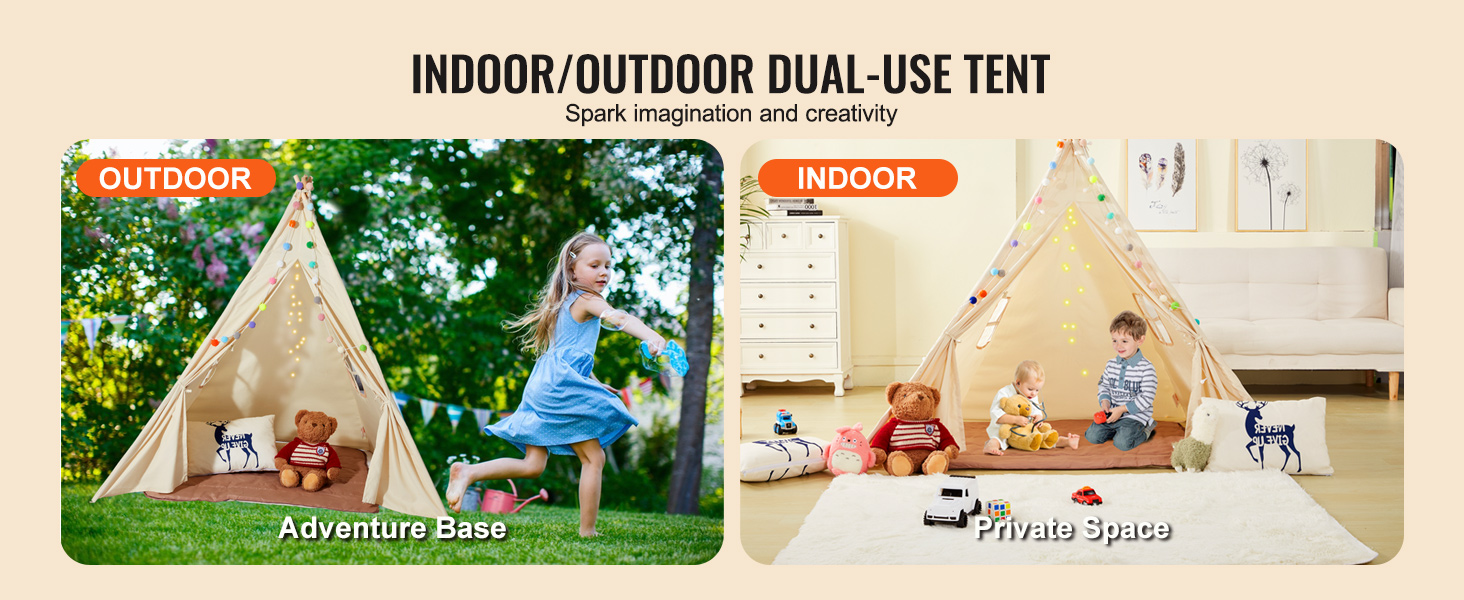 VEVOR kids play tent in backyard labeled "adventure base," and indoors with toys labeled "private space."