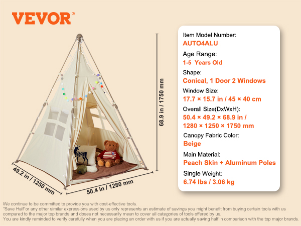 VEVOR kids play tent, beige conical with 1 door and 2 windows. dimensions: 50.4 x 49.2 x 68.9 inches.