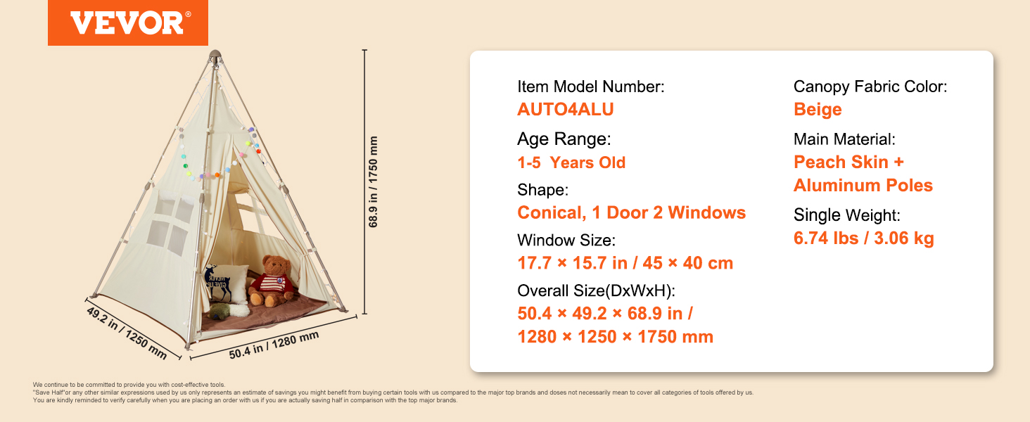 VEVOR kids play tent, beige conical with 1 door and 2 windows. dimensions: 50.4 x 49.2 x 68.9 inches.