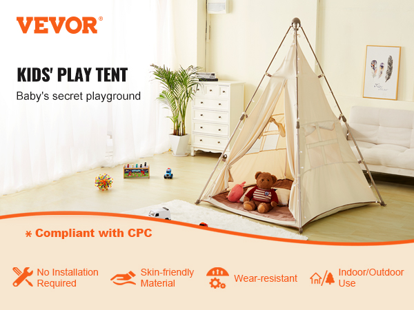 VEVOR kids play tent in living room with toys, sofa, and decorative plants for indoor and outdoor fun.
