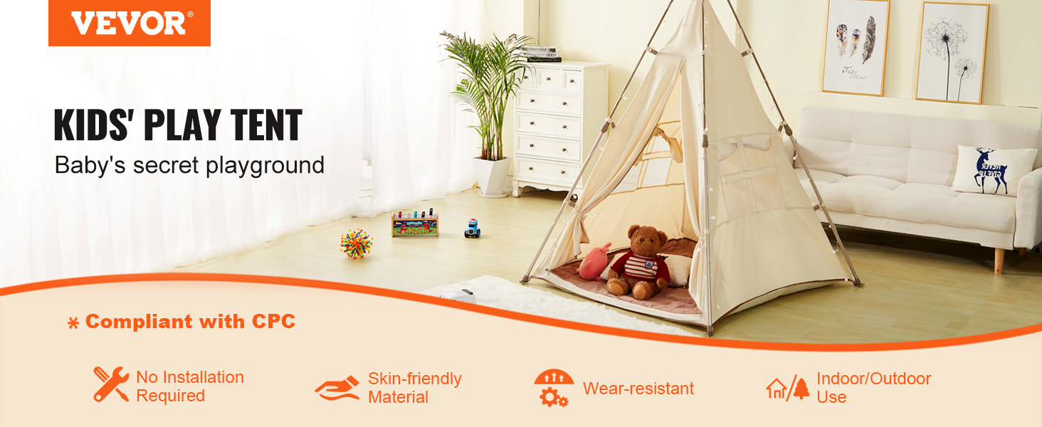 VEVOR kids play tent in living room with toys, sofa, and decorative plants for indoor and outdoor fun.
