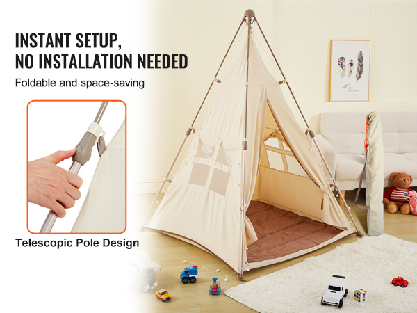 VEVOR kids play tent with instant setup, no installation, foldable, space-saving design, telescopic poles.