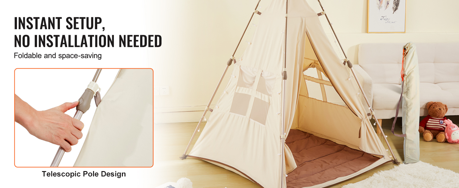 VEVOR kids play tent with instant setup, no installation, foldable, space-saving design, telescopic poles.