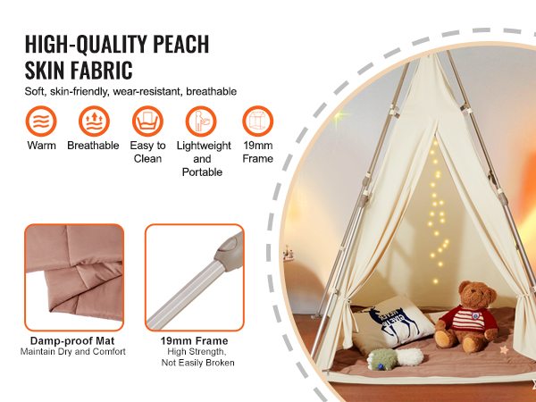 VEVOR kids play tent with high-quality peach skin fabric; warm, breathable, easy to clean, and portable.