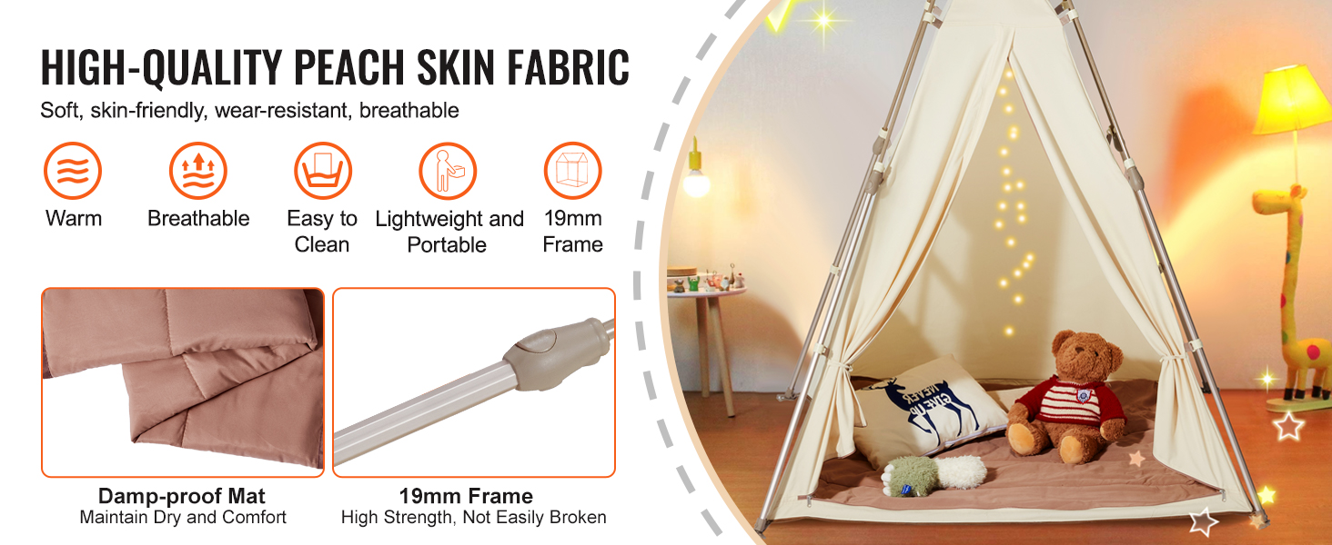 VEVOR kids play tent with high-quality peach skin fabric; warm, breathable, easy to clean, and portable.