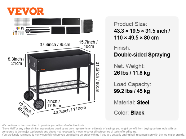 VEVOR raised garden bed, steel, 43.3 x 19.5 x 31.5 inch, black, double-sided spraying, 99.2 lbs capacity.