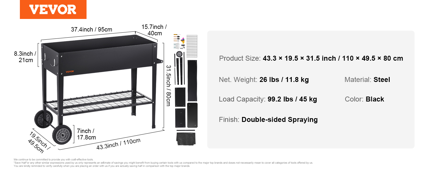 VEVOR raised garden bed, steel, 43.3 x 19.5 x 31.5 inch, black, double-sided spraying, 99.2 lbs capacity.