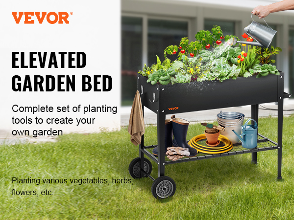 VEVOR raised garden bed with planting tools, vegetables, and flowers in a garden.