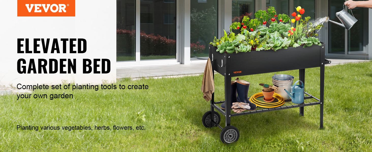 VEVOR raised garden bed with planting tools, vegetables, and flowers in a garden.