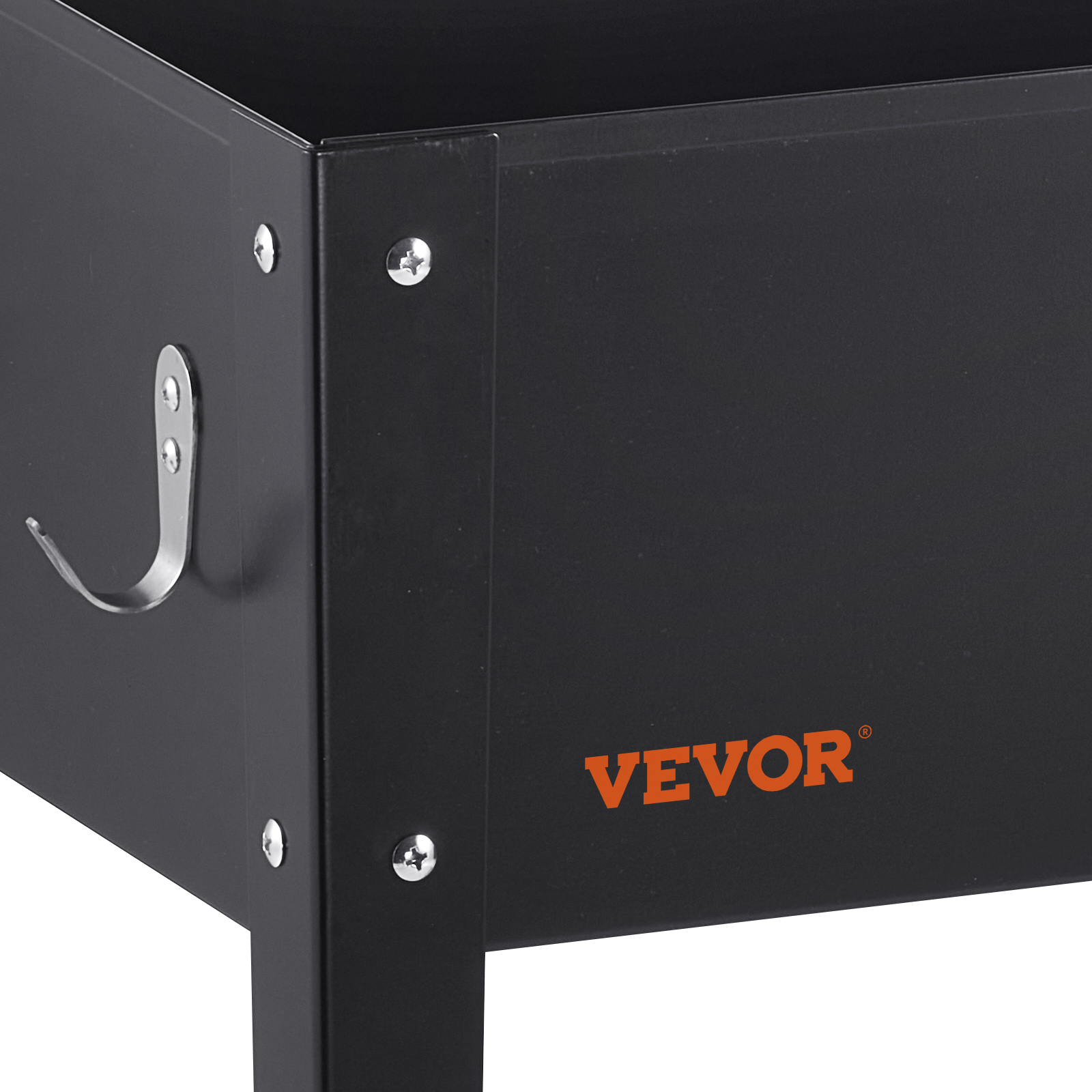 black VEVOR raised garden bed with corner details, metal hook, and visible screws.