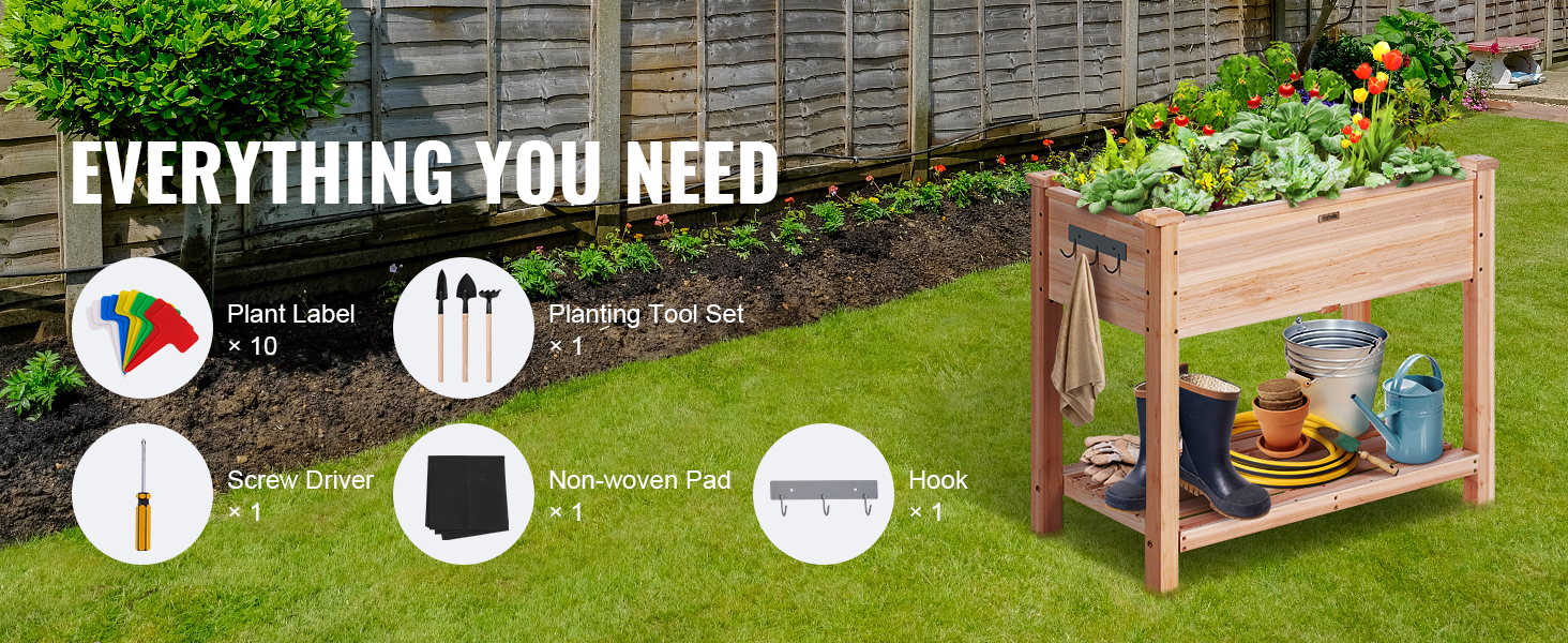 VEVOR sodo lova su priemonėmis, įskaitant augalų etiketes, sodinimo įrankių rinkinys, atsuktuvas, neaustinės mygtukai, ir kabliukas.