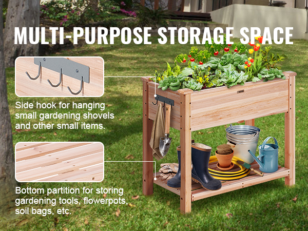 multi-purpose VEVOR sodo lova su kabliais, įrankių, apačioje lentynos, sandėliavimo ir klesti augalai, viršuje.