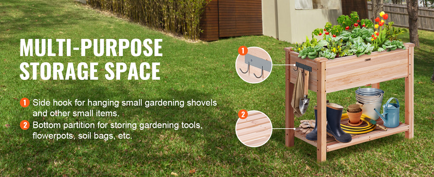 multi-purpose VEVOR sodo lova su kabliais, įrankių, apačioje lentynos, sandėliavimo ir klesti augalai, viršuje.