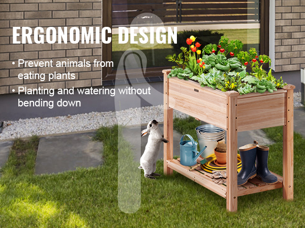 ergonomiškas VEVOR sodo lova su augalais, įrankiai, ir triušis kieme nustatymas.