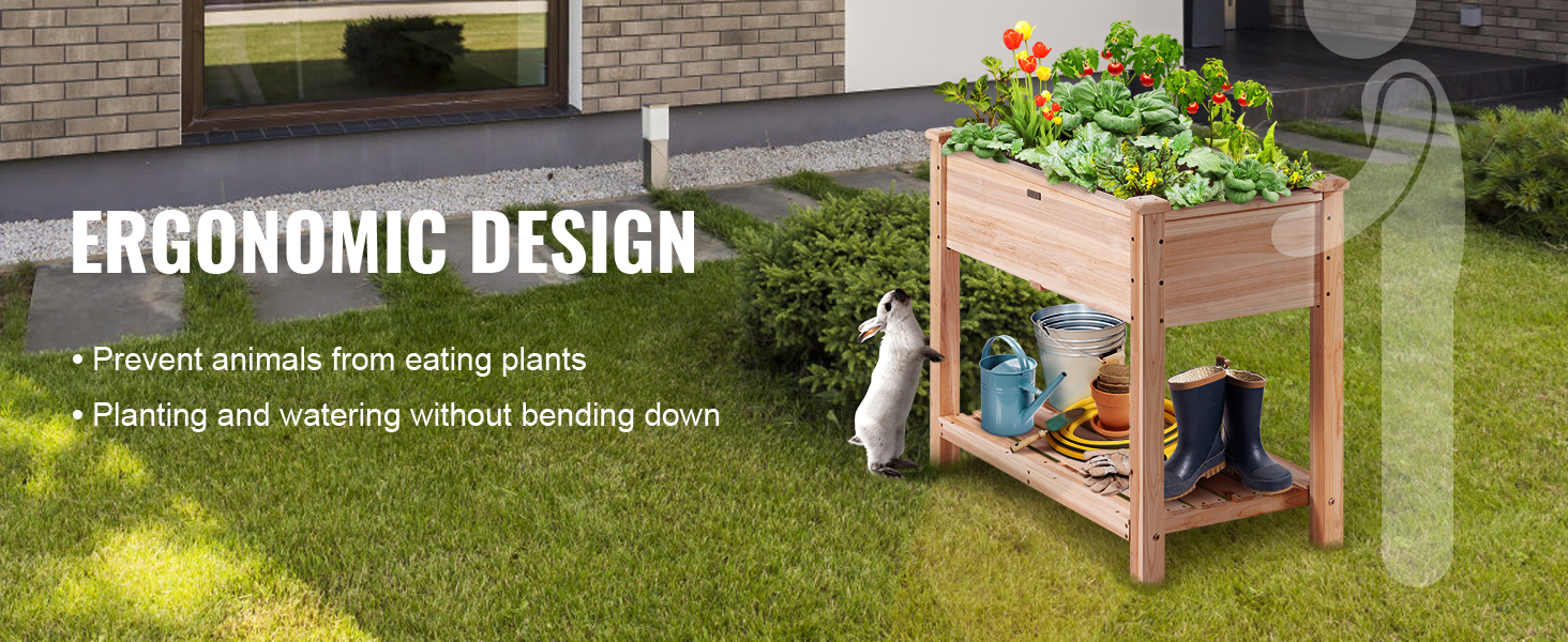 ergonomiškas VEVOR sodo lova su augalais, įrankiai, ir triušis kieme nustatymas.