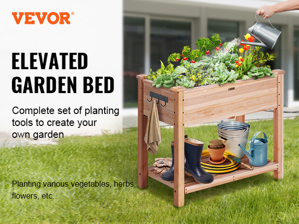 VEVOR garden bed: elevated wooden planter with gardening tools and blooming flowers on lush green lawn.