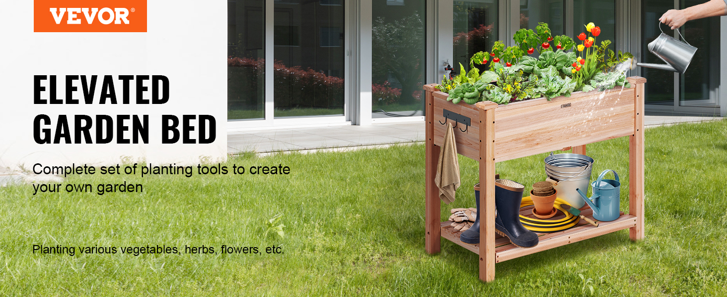 VEVOR garden bed: elevated wooden planter with gardening tools and blooming flowers on lush green lawn.