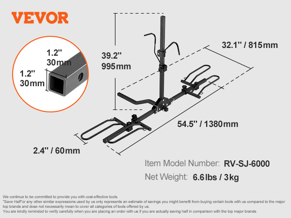 VEVOR bike rack, 26 lbs/11.8 kg, dimensions: 54.5" x 32.1" x 39.2", model rc-1803j.