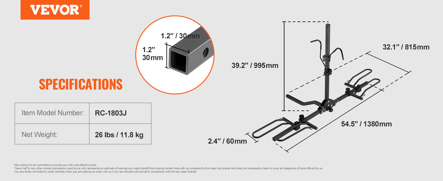 VEVOR bike rack, 26 lbs/11.8 kg, dimensions: 54.5" x 32.1" x 39.2", model rc-1803j.
