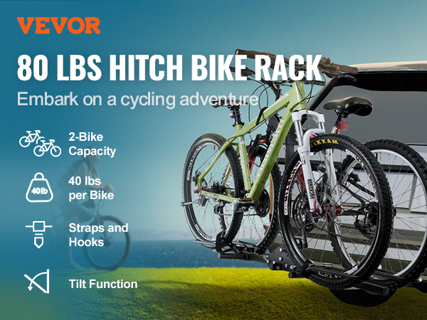 VEVOR bike rack with 80 lbs hitch capacity, holding two bikes mounted on the back of a car.