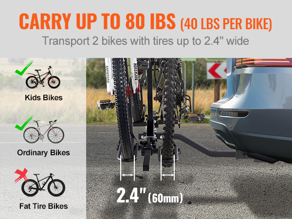 VEVOR bike rack on suv carrying two bikes with 2.4" tires, supporting up to 80 lbs (40 lbs per bike).