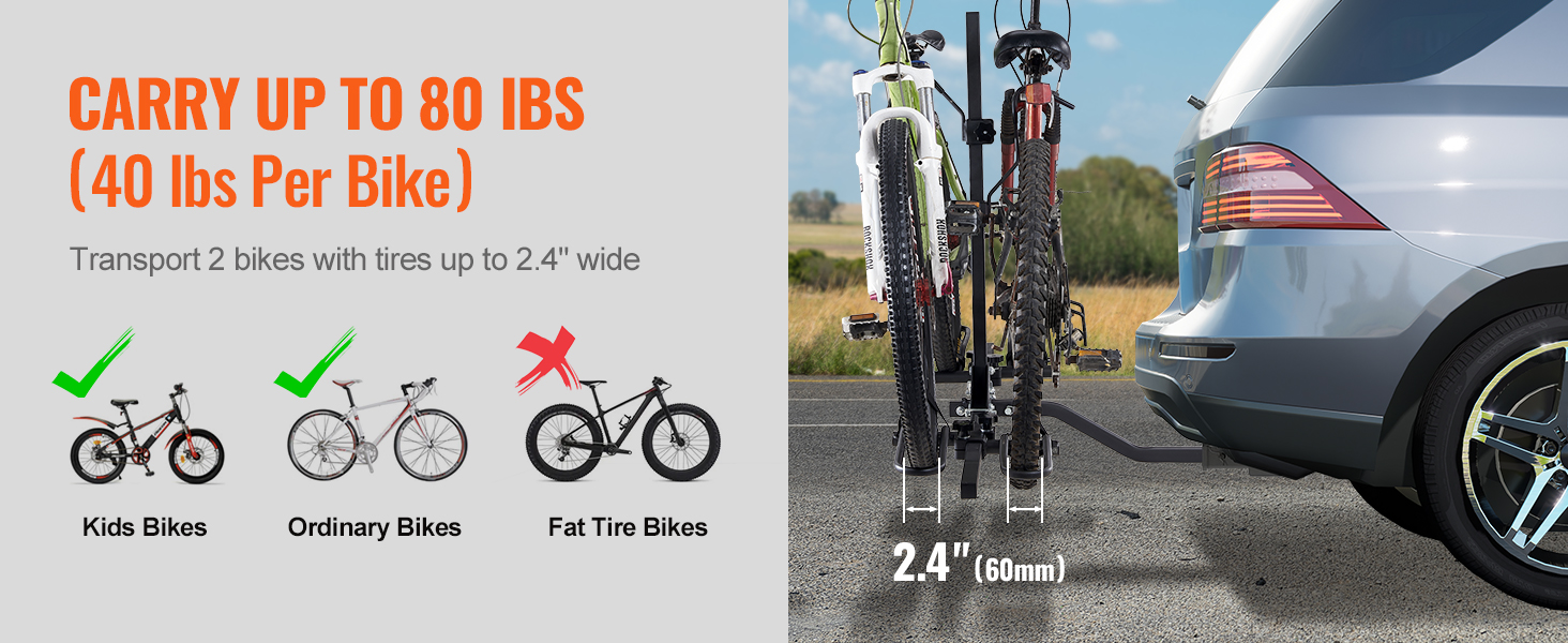 VEVOR bike rack on suv carrying two bikes with 2.4" tires, supporting up to 80 lbs (40 lbs per bike).