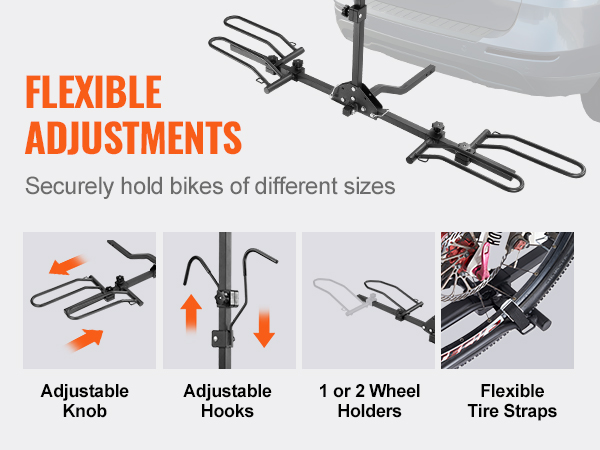 flexible adjustments for VEVOR bike rack with adjustable knobs, hooks, wheel holders, and tire straps.