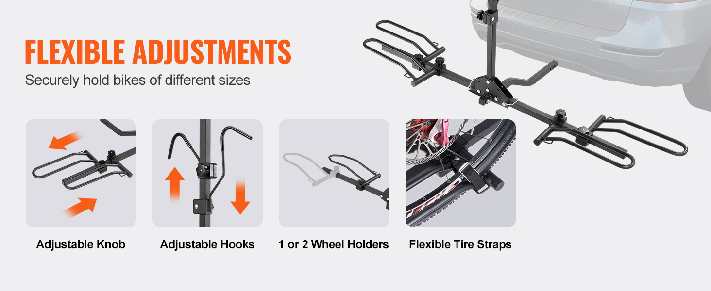 flexible adjustments for VEVOR bike rack with adjustable knobs, hooks, wheel holders, and tire straps.
