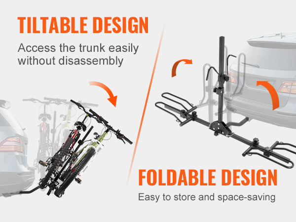 VEVOR bike rack with tiltable and foldable design for easy trunk access and space-saving storage.