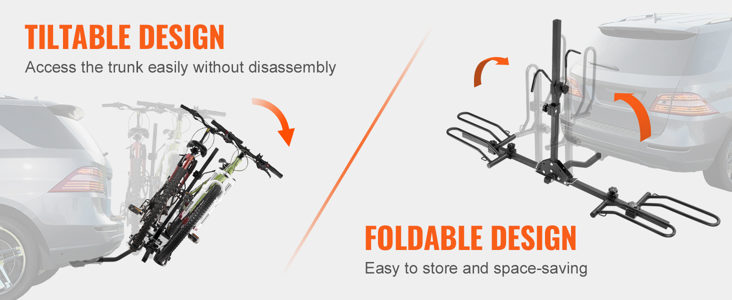 VEVOR bike rack with tiltable and foldable design for easy trunk access and space-saving storage.