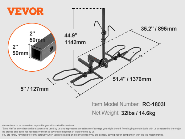 VEVOR hitch mount bike rack diagram with specifications, measurements, and model rc-1803i, weight 32lbs.