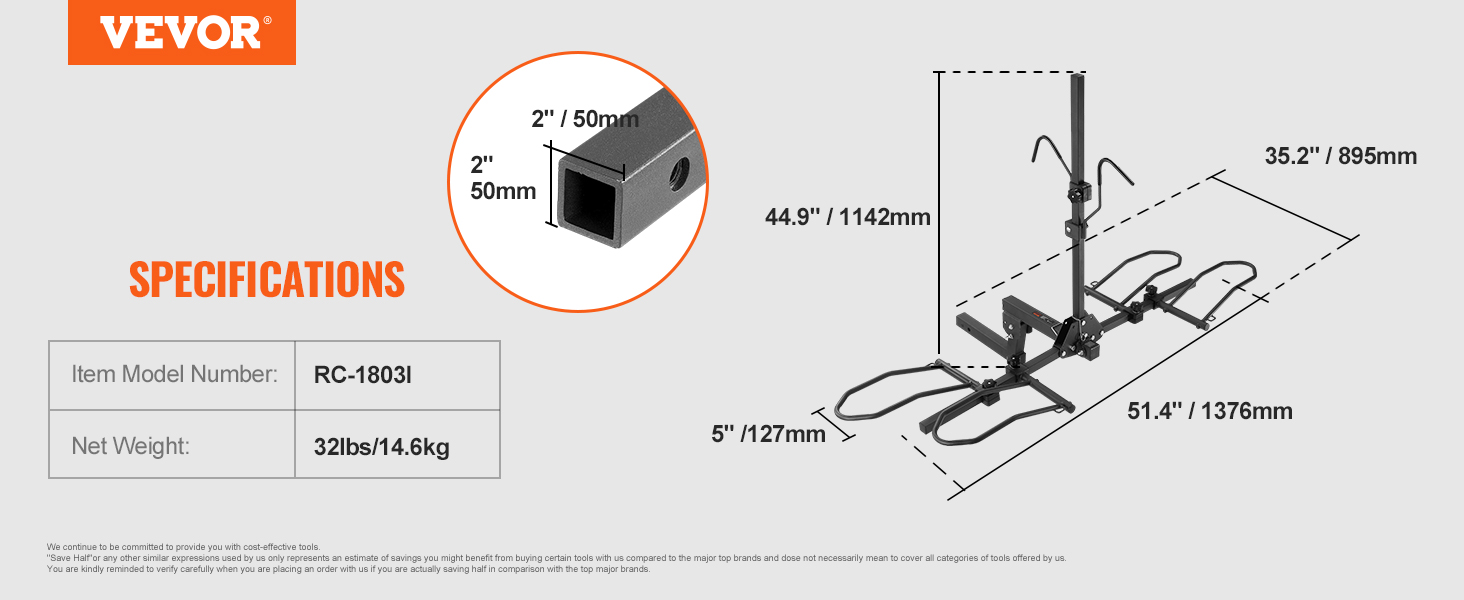 VEVOR hitch mount bike rack diagram with specifications, measurements, and model rc-1803i, weight 32lbs.