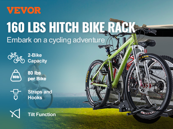 VEVOR hitch mount bike rack for two bikes, 80 lbs per bike, straps and hooks, and tilt function.