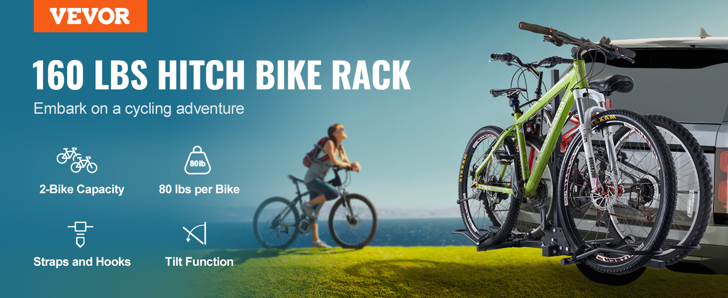 VEVOR hitch mount bike rack for two bikes, 80 lbs per bike, straps and hooks, and tilt function.