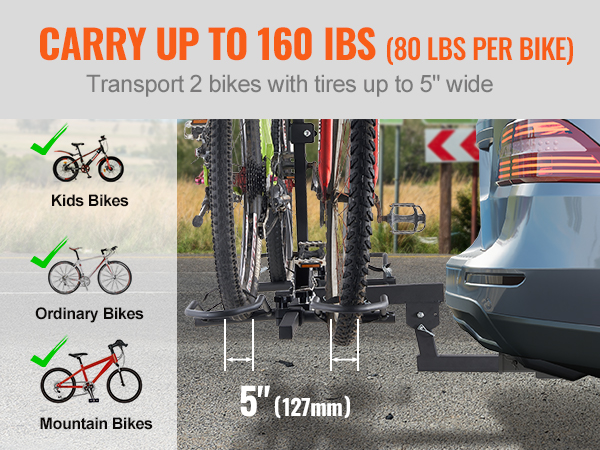 VEVOR hitch mount bike rack carrying two mountain bikes on a car, supports up to 160 lbs.