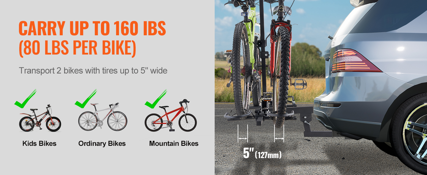 VEVOR hitch mount bike rack carrying two mountain bikes on a car, supports up to 160 lbs.