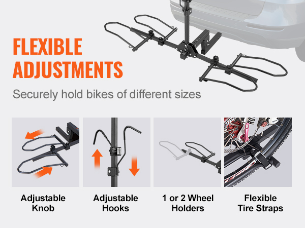 VEVOR hitch mount bike rack with adjustable knobs, hooks, wheel holders, and flexible tire straps.