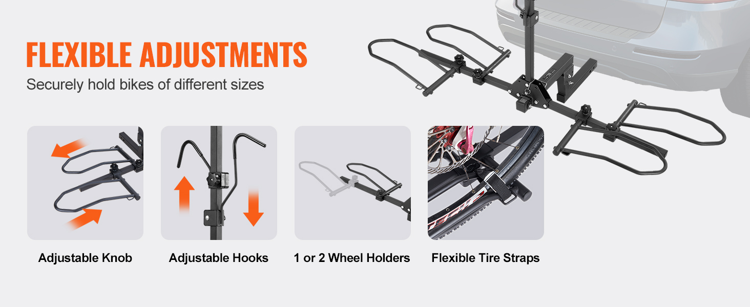 VEVOR hitch mount bike rack with adjustable knobs, hooks, wheel holders, and flexible tire straps.