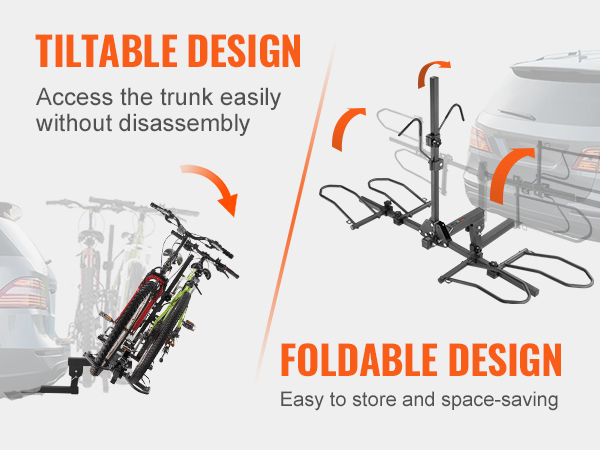 VEVOR hitch mount bike rack with tiltable and foldable design for easy trunk access and space-saving.