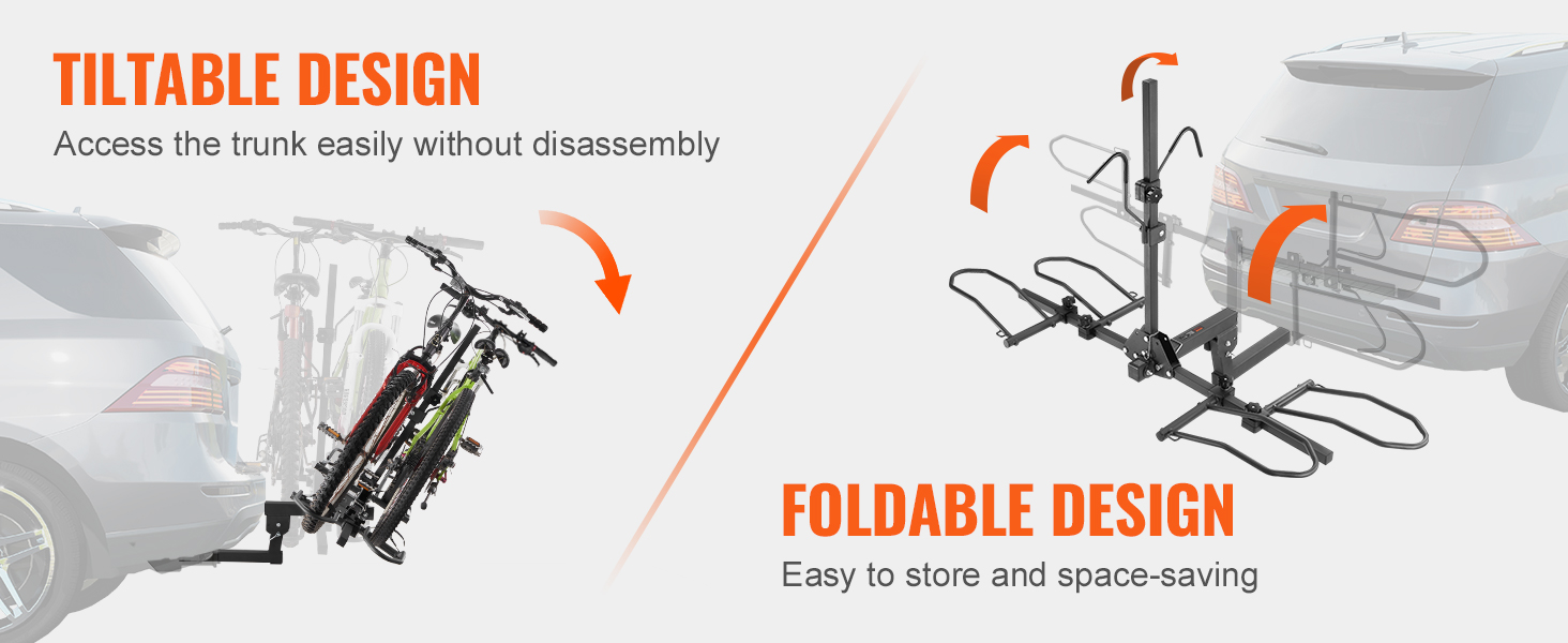 VEVOR hitch mount bike rack with tiltable and foldable design for easy trunk access and space-saving.