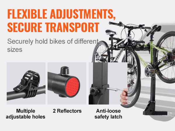 VEVOR hitch mount bike rack securely holds two bikes. features adjustable holes, reflectors, and safety latch.