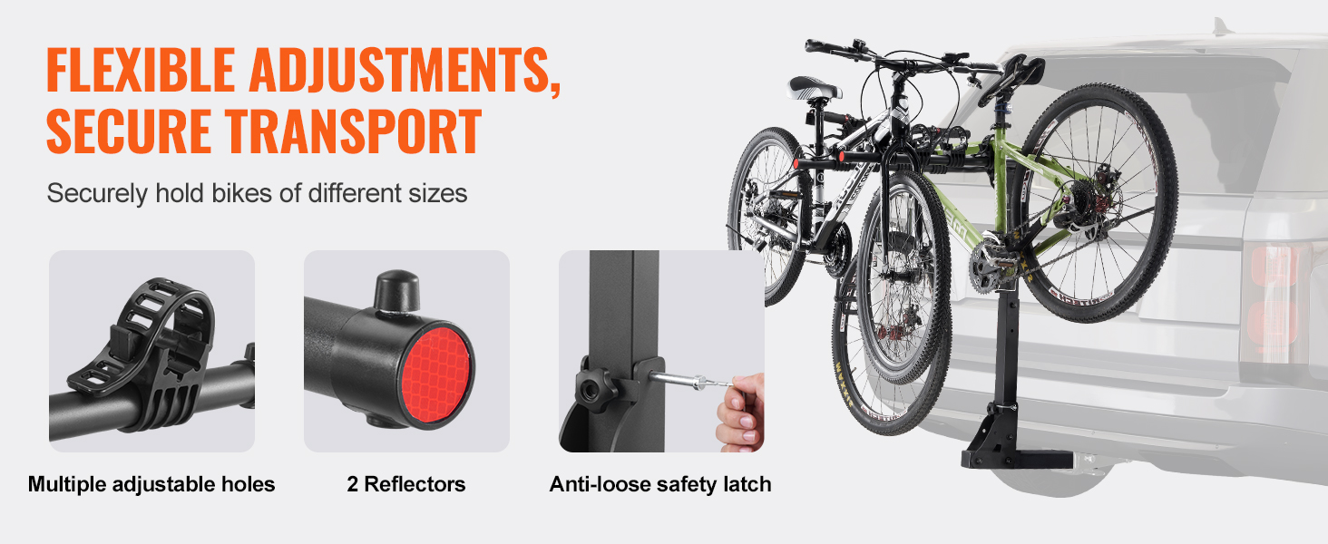 VEVOR hitch mount bike rack securely holds two bikes. features adjustable holes, reflectors, and safety latch.