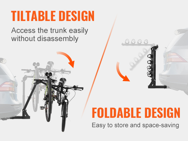 VEVOR hitch mount bike rack features tiltable and foldable design for easy trunk access and storage.