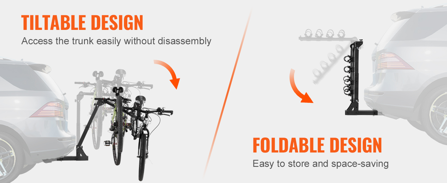 VEVOR hitch mount bike rack features tiltable and foldable design for easy trunk access and storage.