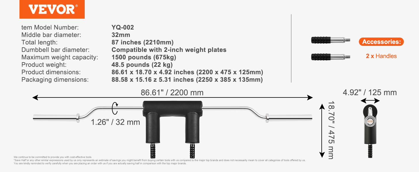 VEVOR safety squat bar dimensions, specs, 32mm diameter, 87-inch length, compatible with 2-inch plates.