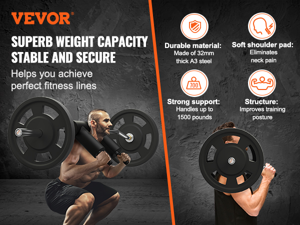 VEVOR safety squat bar: 1500 lb capacity, a3 steel, soft shoulder pad, improves posture.