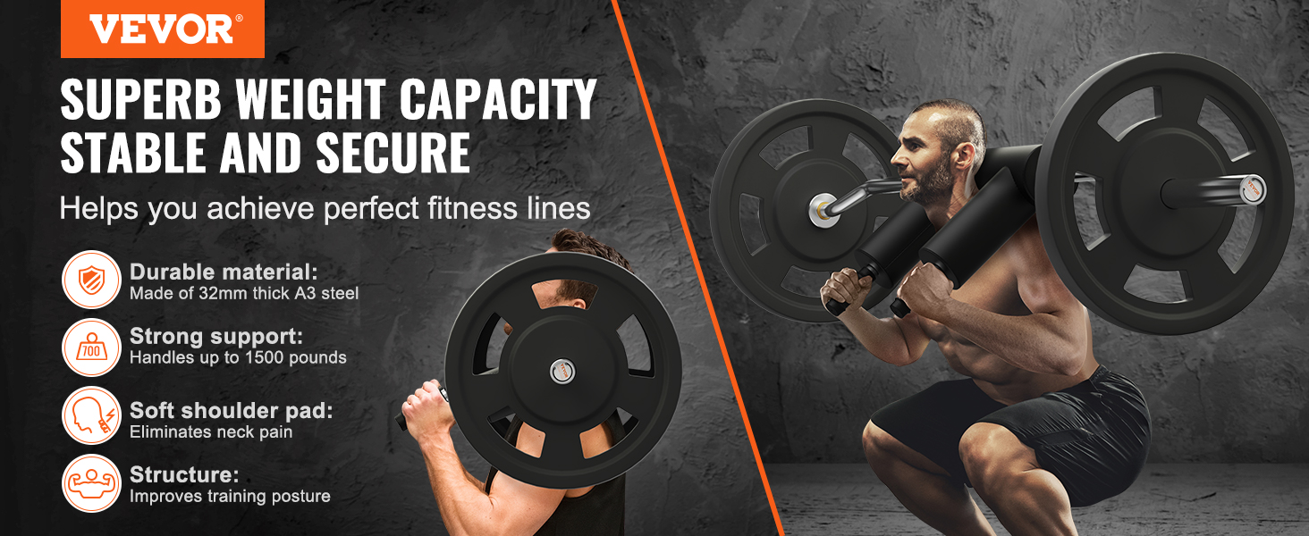 VEVOR safety squat bar: 1500 lb capacity, a3 steel, soft shoulder pad, improves posture.