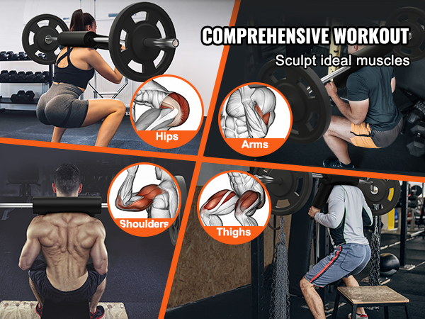comprehensive workout with VEVOR safety squat bar for hips, arms, shoulders, and thighs muscle sculpting.