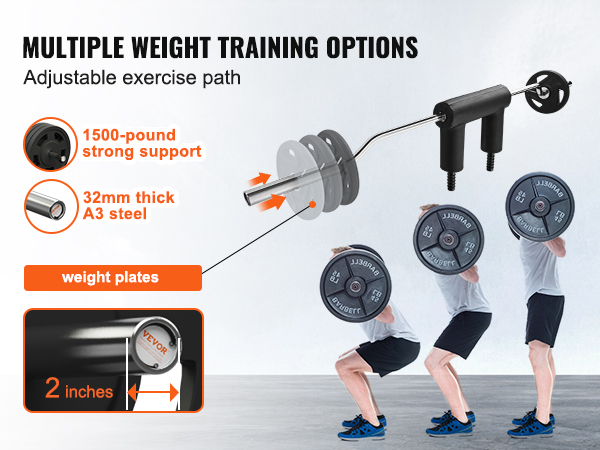 multiple weight training options with VEVOR safety squat bar, strong support, a3 steel, olympic plates.