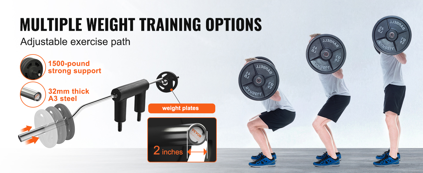multiple weight training options with VEVOR safety squat bar, strong support, a3 steel, olympic plates.